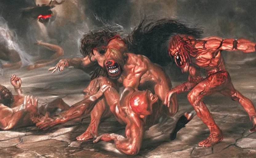 Image similar to hyperrealistic photo of Jesus Christ punching red-skinned Satan devil demon in the face on the floor of the Roman Coliseum, 8k cinematic, epic fight scene, directed by Michael Bay, Doom Eternal, interpretation of Hell on Earth