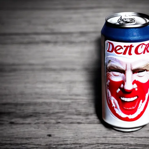 Image similar to a dslr photograph of a can of diet coke with donald trump's face on it, 8 5 mm f 2