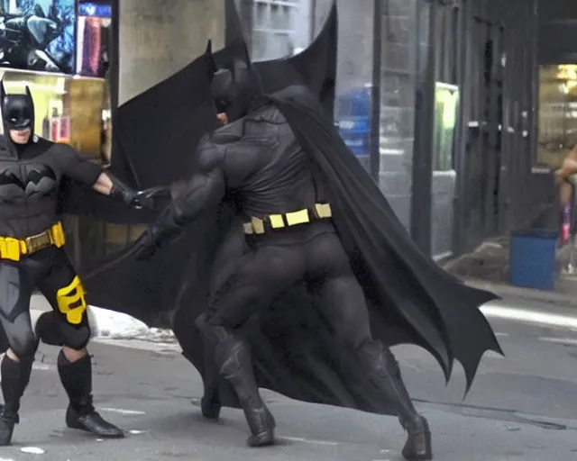 Image similar to Batman caught beating up a random guy in Gotham loool can't have shit in Gotham, secuirty cam footage, low quality footage, paparazzi, leaked footage