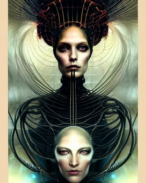 Prompt: karol bak and tom bagshaw and lecouffe - deharme symmetrical full body character portrait of the borg queen of sentient parasitic flowing ai, floating in a powerful zen state, supermodel, beautiful and ominous, wearing combination of mecha and bodysuit made of wires and fractal ceramic, machinery enveloping nature in the background, art