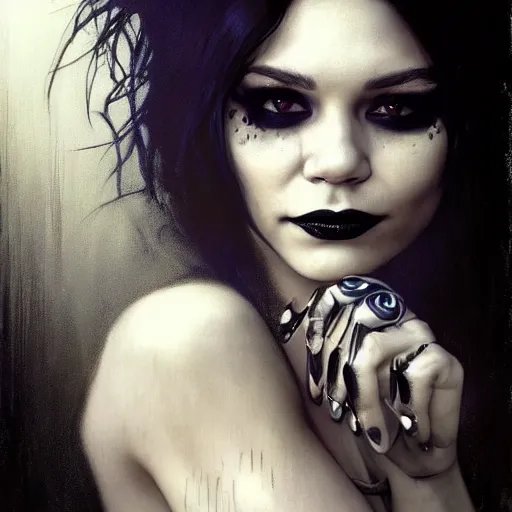 Image similar to beautiful portrait of vanessa hudgens as death from sandman, smiling, by cedric peyravernay, alphonse mucha, by jeremy mann, by lecouffe deharme, goth chic, soft lightning, eyeliner, punk rock, high detailed, 8 k