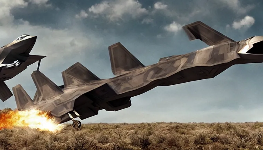 Image similar to big budget movie about dinosaur raptor fighting an f22 raptor.