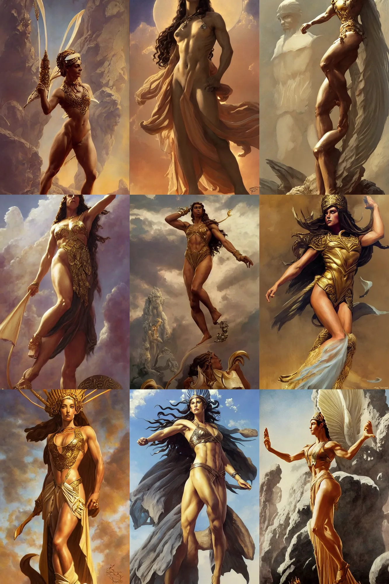 Prompt: A full length portrait of a greek goddess at the first olympic games, by Boris Vallejo, Greg Rutkowski, Frank Frazetta, epic fantasy character art, very very beautiful, olympus, Exquisite detail, post-processing, masterpiece, cinematic, coliseum