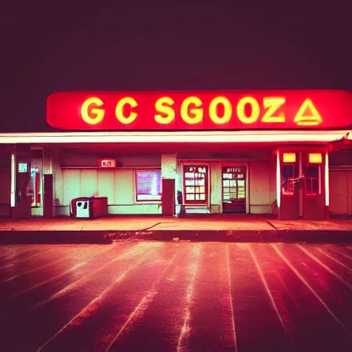 Image similar to “soviet gas station, rain, night, atmospheric lighting, neon glow, lens flare, red lights, digital photography”