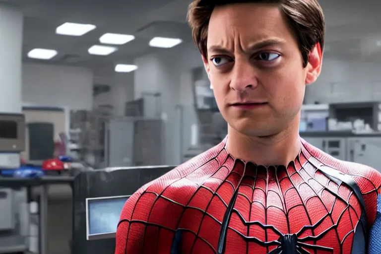 Prompt: Marvel Raimiverse Peter Parker played by Tobey Maguire working at a laboratory ultra realistic, 4K, movie still, UHD, sharp, detailed, cinematic