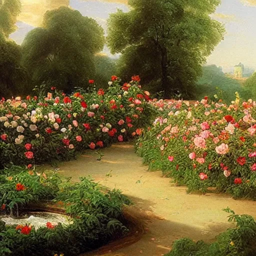 Prompt: a beautiful painting of a rose garden, Thomas Cole