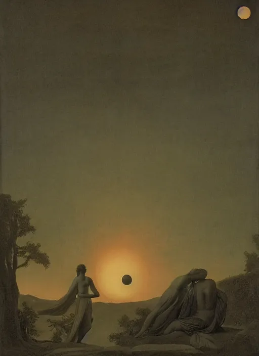 Image similar to three backlit silhouettes of ancient greek venus observing an eclipse at dusk, painted by caspar david friedrich