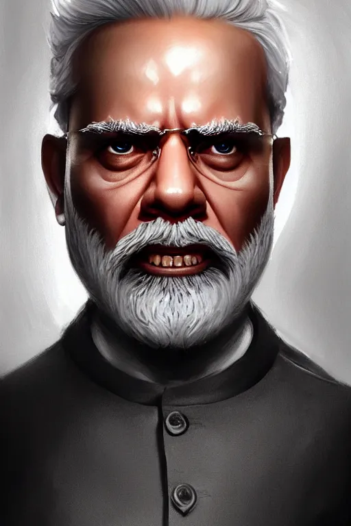 Prompt: Narendra Modi as Terminator, Narendra Modi hairstyle and beardstyle, full body realistic portrait, highly detailed, digital painting, artstation, concept art, smooth, sharp focus, illustration, cinematic lighting, art by artgerm and greg rutkowski and alphonse mucha