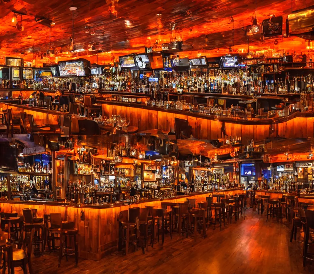 Prompt: a full shot of an entire bar restaurant with orange lighting, nighttime