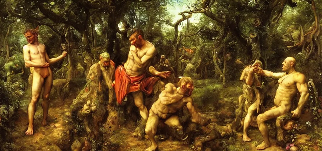 Image similar to shrek in the garden of eden, beautiful painting by jan matejko, rich lighting