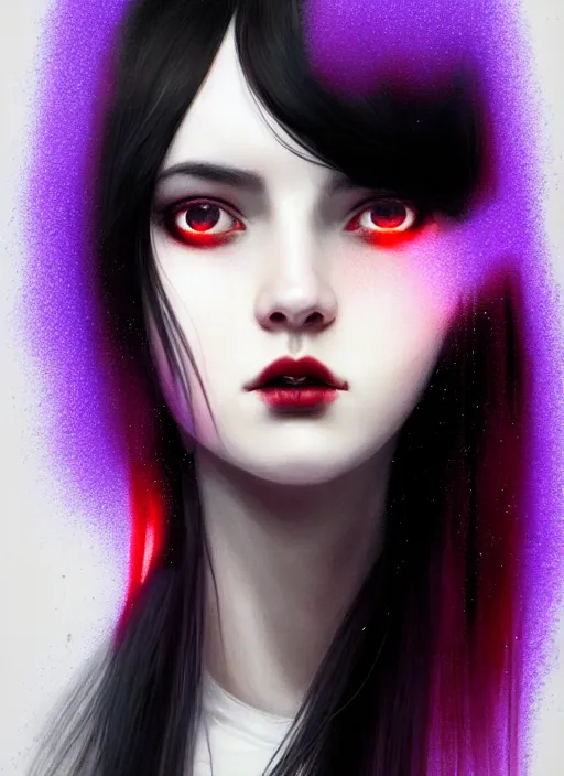 Image similar to portrait of teenage girl, red irises, red eyes, black hair, black and white hair, white bangs, purple clothes, white bangs, bangs, black hair and white bangs, intricate, elegant, glowing lights, highly detailed, digital painting, artstation, concept art, smooth, sharp focus, illustration, art by wlop, mars ravelo and greg rutkowski