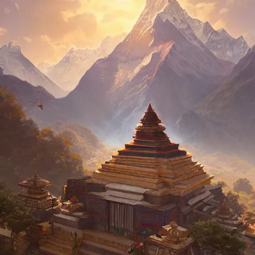 Image similar to ultra wide painting of nepal in year 2 0 7 7, ultra realistic, concept art, intricate details, highly detailed, photorealistic, octane render, 8 k, unreal engine. art by artgerm and greg rutkowski and alphonse mucha