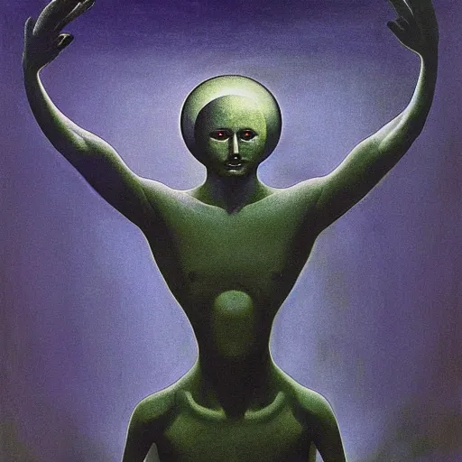 Prompt: Artemixel, the modern reincarnation of the old selenium god of hunt and moon, also known as Artemis or Selene, carrying the crown of the crescent moon. They are crowned by a bright and slightly bluish crescent like the brightness of the night. Portrait by Zdzislaw Beksinski and Jeffrey Smith, oil on canvas.