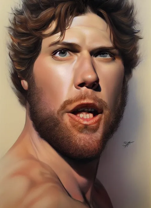 Image similar to a portrait of seth rogan, art by boris vallejo and greg danton and denys tsiperko, detailed, hyperrealism, artstation