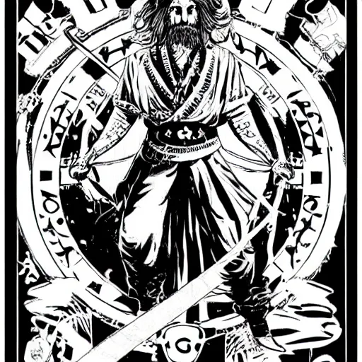 Image similar to black and white pen and ink!!!! rugged royal masonic goetic!! Frank Zappa x Ryan Gosling golden!!!! Vagabond!!!! floating magic swordsman!!!! glides through a beautiful!!!!!!! battlefield dramatic esoteric!!!!!! pen and ink!!!!! illustrated in high detail!!!!!!!! by Junji Ito and Hiroya Oku!!!!!!!!! graphic novel published on 2049 award winning!!!! full body portrait!!!!! action exposition manga panel black and white Shonen Jump issue by David Lynch and Ari Aster beautiful line art Araki