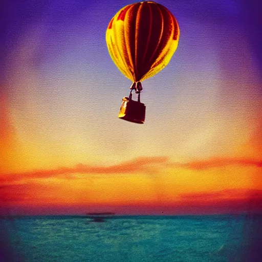 Image similar to a futuristic hot air balloon floats over a beach at violet and yellow sunset, whimsical and psychedelic art style, polaroid photo, grainy, colorful, expired film