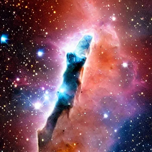 Image similar to pillars of creation nebula shaped like a cat, photographed by hubble telescope