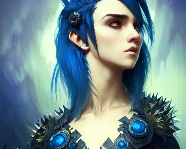 Image similar to dyed blue spikey hair, deep focus, d & d, fantasy, intricate, elegant, highly detailed, digital painting, artstation, concept art, matte, sharp focus, illustration, hearthstone, art by artgerm and greg rutkowski and alphonse mucha