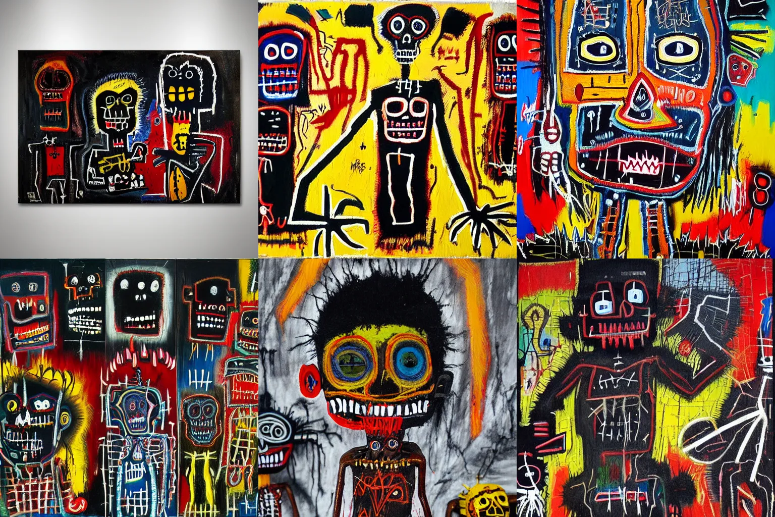 Image similar to extremely highly detailed scary evil terrifying haitian black voodoo dolls paintings by Jean-Michel Basquiat, 8k, , high textures, hyper sharp, insanely detailed and intricate, super detailed, 4k HDR high quality