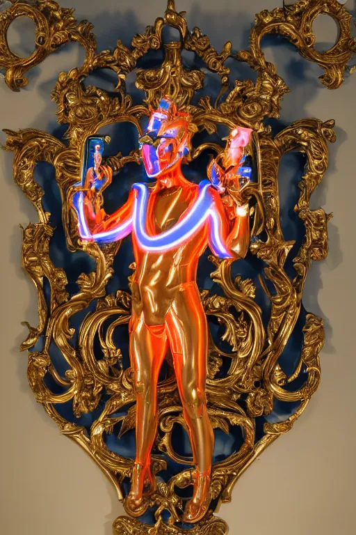 Image similar to full-body neon porcelain bladerunner and rococo style sculpture of a young handsome Cuban prince wearing cholo shades as a half android with a porcelain chest opening exposing circuitry and electric sparks, glowing laser beam eyes, crown of giant diamonds, flowing neon-colored silk, fabric, raptors. baroque elements. full-length view. baroque element. intricate artwork by caravaggio. many many birds birds on background. Trending on artstation, octane render, cinematic lighting from the right, hyper realism, octane render, 8k, depth of field, 3D