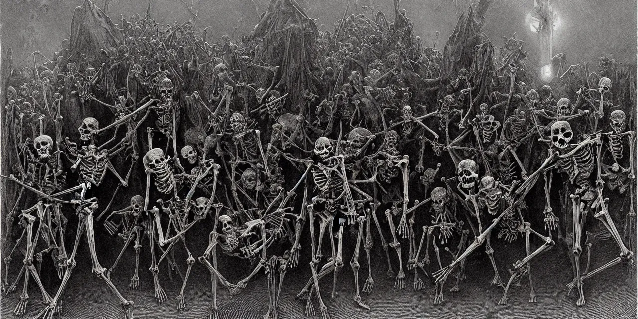 Image similar to satanic skeleton gang emerge from the cemetery on a dark night by zdzisław beksinski and gustave dore and alphonse mucha