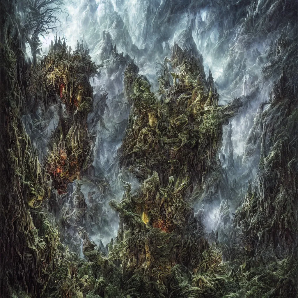 Image similar to cursed evil mountains of malevolence, upward cinematic angle, by rodney matthews, michael kaluta and bill sienkiewicz, ghostly darkness, thick lush woodland atmosphere, stunning composition, roaring monster faces, intricate, elegant, digital art, hyperdetailed, colorful hyperrealism, brilliant photorealism, horror masterpiece, 4k