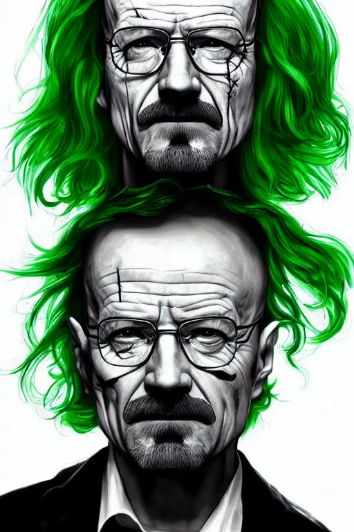 Image similar to walter white as the joker, green hair, photorealistic, highly detailed,