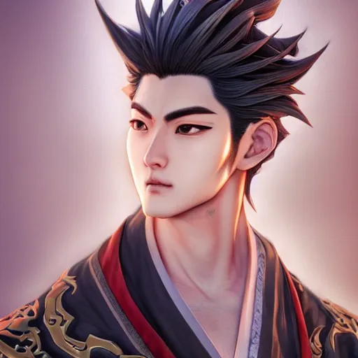 Prompt: an immortal xianxia cultivator as an absurdly handsome, elegant, young anime man, ultrafine hyperrealistic detailed face illustration by kim jung gi, irakli nadar, intricate linework, sharp focus, bright colors, matte, final fantasy, unreal engine highly rendered, global illumination, radiant light, intricate environment