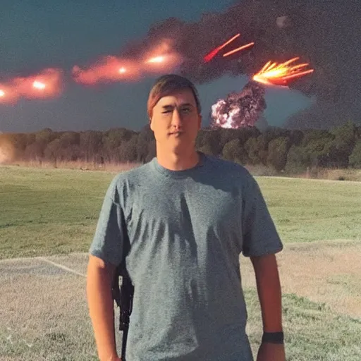 Image similar to mrbeast standing in front of an active military battlefield, posing, charismatic, gunfire, explosions in background