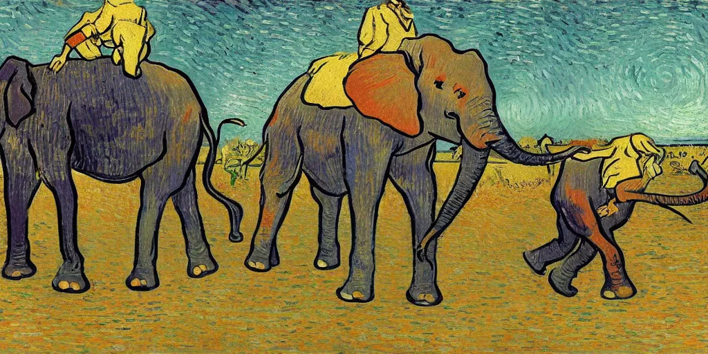 Prompt: in the afternoon at school, an ant kills an elephant as a group of students in sailor uniforms watch by van gogh