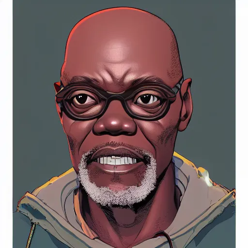 Image similar to a study of cell shaded portrait of Cartoonish Samuel L Jackson concept art, llustration, post grunge, concept art by josan gonzales and wlop, by james jean, Victo ngai, David Rubín, Mike Mignola, Laurie Greasley, highly detailed, sharp focus, alien, Trending on Artstation, HQ, deviantart, art by artgem