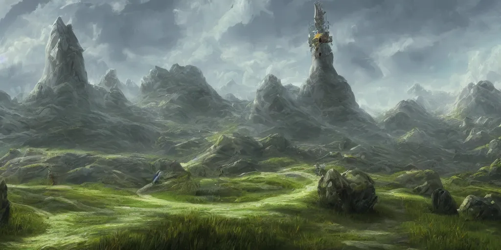 Prompt: The great marble wizards tower, painted landscape, green fields in the background, artstation, digital art