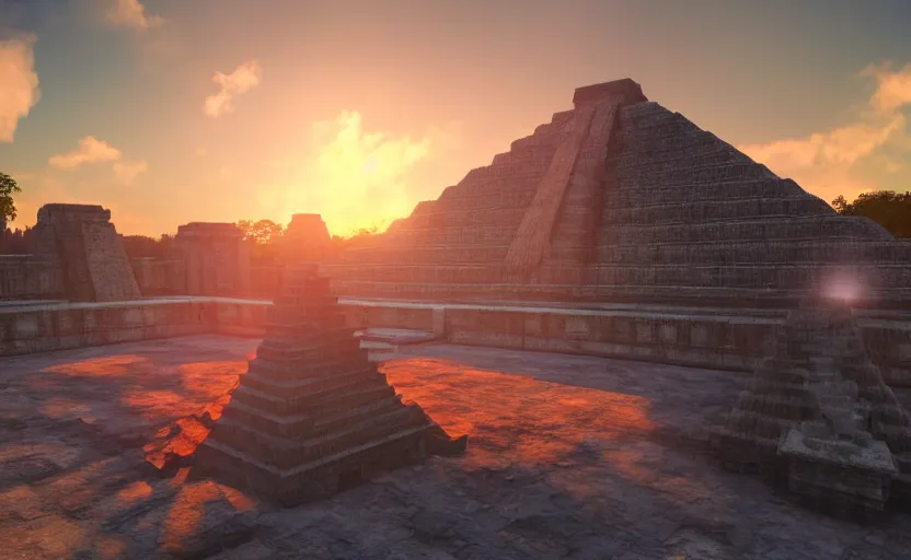 Prompt: crystal tetrahedron in the middle of an aztec temple, sunset, godrays, orange and blue sky, volumetric lighting, a high - quality render, photorealistic, unreal engine 5