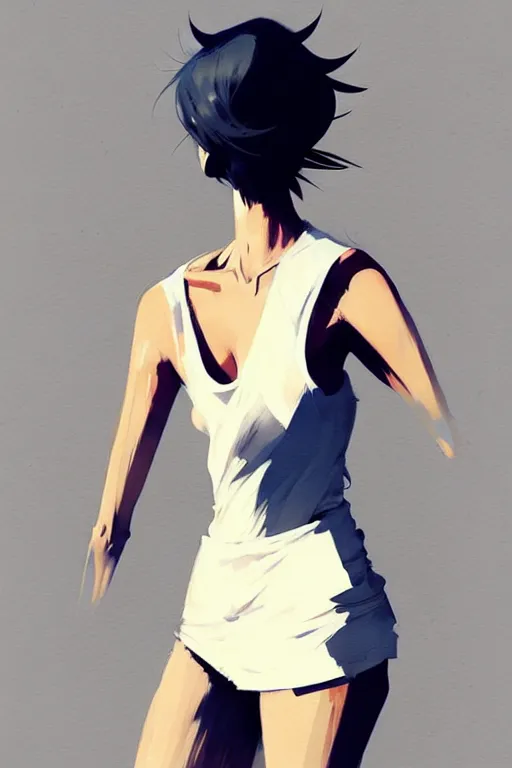 Prompt: a ultradetailed full body portrait of a woman dressed in a white tank top, by conrad roset, greg rutkowski and makoto shinkai trending on artstation