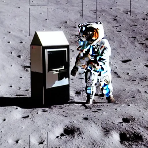 Prompt: An astronaut using a public payphone on the moon, NASA archival photo