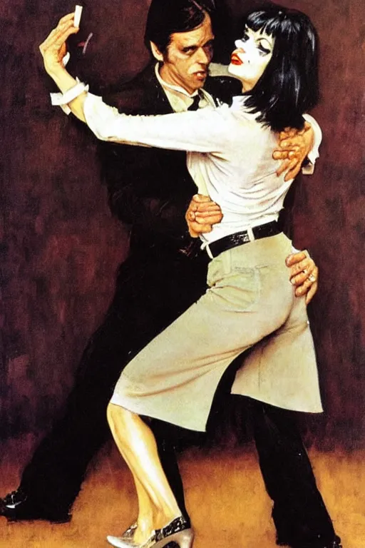 Image similar to Mia Wallace and Vincent Vega dancing Pulp Fiction painted by Norman Rockwell