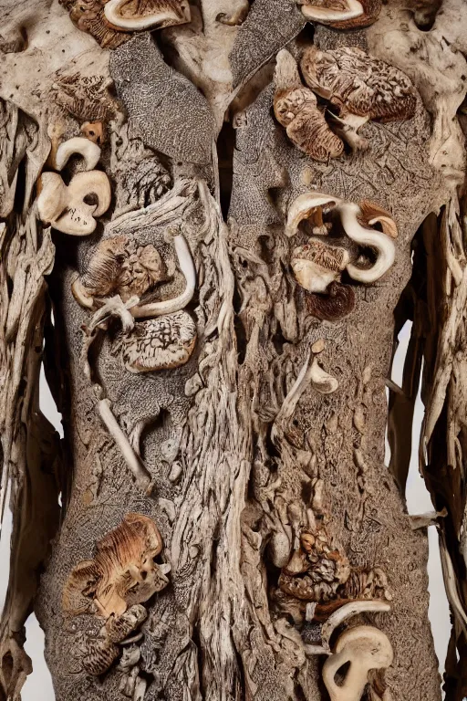 Image similar to A beautiful jacket carved out of dead wood with lichen and mushrooms, on a skeleton. High quality, high resolution, studio lighting