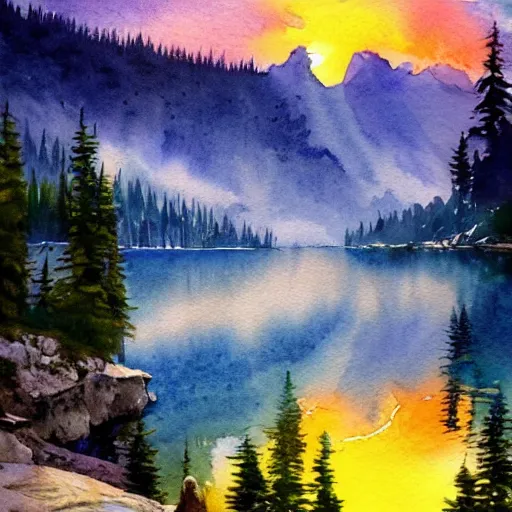 Image similar to alpine lake. bautiful sunrise. watercolor. trending on artstation