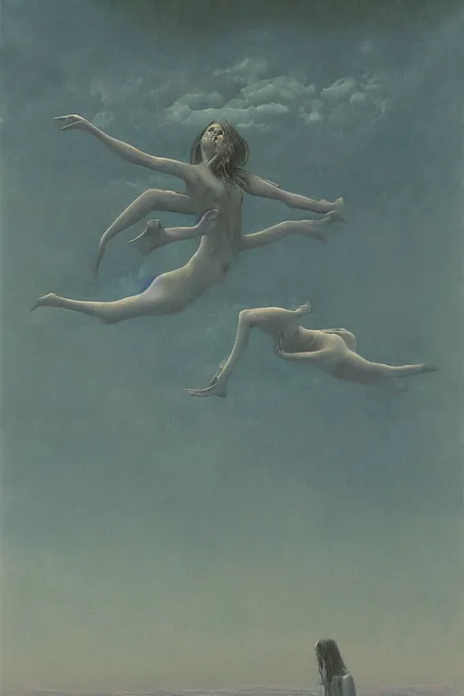 Image similar to zdzisław beksinski oil painting. women floating in the sky, disturbing, unsettling, intricate, beautiful