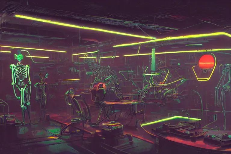 Prompt: interior shot, scifi robot repair workshop, robot skeleton, robot skeleton, robot skeleton, neon lights, neon lights, neon lights, neon lights, cinematic lighting, Craig Mullins, Greg Rutkowski, volumetric light, artstation, octane render, low angle camera