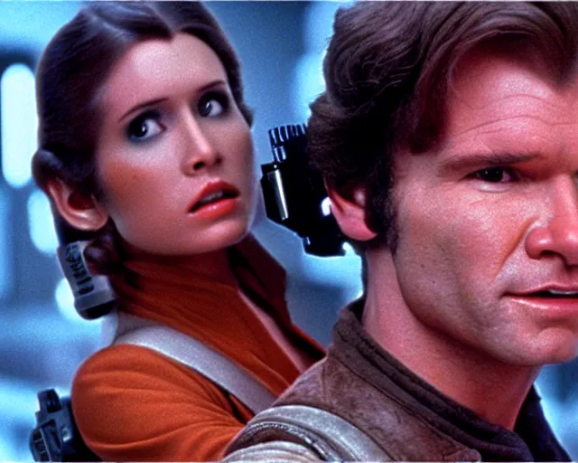 Prompt: screenshot of Han Solo standing next to Princess Leia Organa kiss, alone, pensive, iconic scene from 1980s Star Wars film directed by Ridley Scott, in a sci fi nursing home architecture, last jedi, 4k HD sharp, cinematic still frame, photoreal, detailed face, moody lighting, stunning cinematography, anamorphic lenses, kodak color film stock