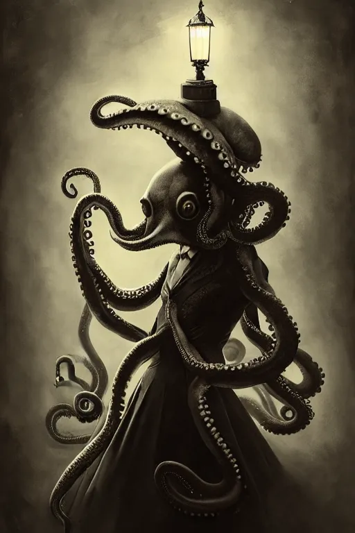 Image similar to wet plate photograph of an anthropomorphic octopus dressed in a victorian - era ballgown, dramatic lighting, highly detailed, digital painting, artstation, concept art, smooth, sharp focus, illustration, art by wlop, mars ravelo and greg rutkowski