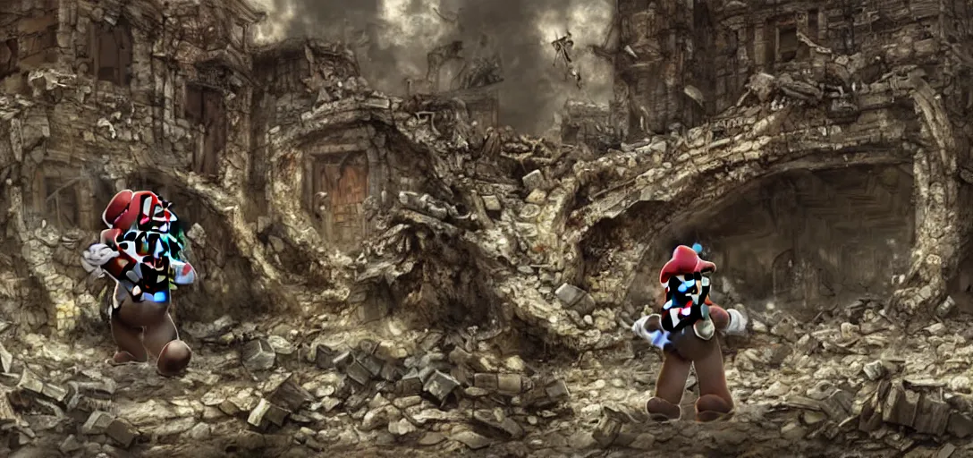 Image similar to super mario hiding behind a brick wall from Giga Bowser in the distance in a destroyed kingdom, Resident Evil virus concept art, highly detailed, horror, scary, terrifying, horrific, hd 4k