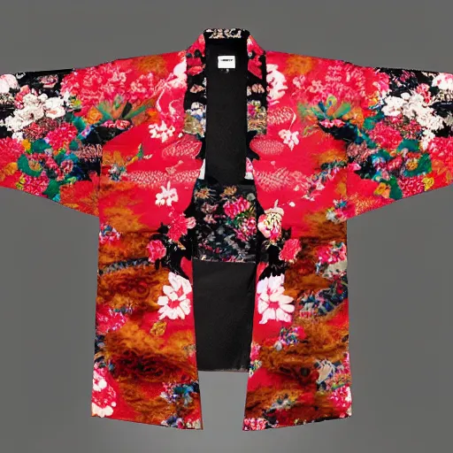 Image similar to floral crimson kimono, highly detailed, hyper intricate