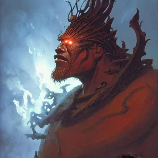 Image similar to head and shoulders portrait of a flamimg helmed fire giant, d & d, fantasy, greg rutkowski, frank frazetta, alexandre chaudret, boris vallejo, michael whelan, miro petrov, hr giger, magali villeneuve, donato giancola