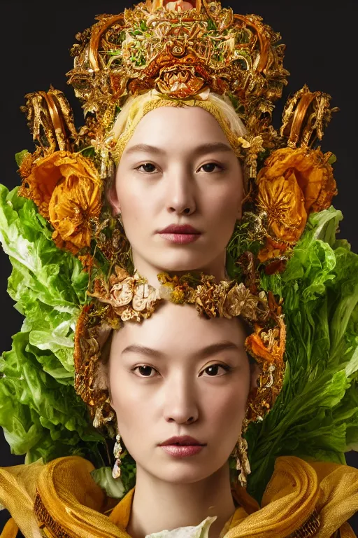 Image similar to a beautiful empress portrait, with a brilliant, impossible striking big salad headpiece, clothes entirely made out of salad, everything salad, symmetrical, dramatic studio lighting, rococo, baroque, greens, asian, hyperrealism, closeup, D&D, fantasy, intricate, elegant, highly detailed, digital painting, artstation, octane render, 8k, concept art, matte, sharp focus, illustration, art by Artgerm and Greg Rutkowski and Alphonse Mucha