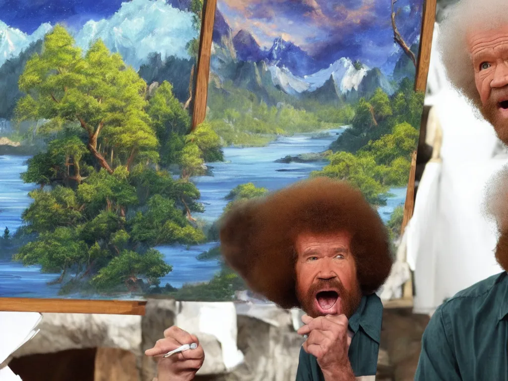 Prompt: bob ross is sad and angry and yelling at a huge nature painting by bob ross