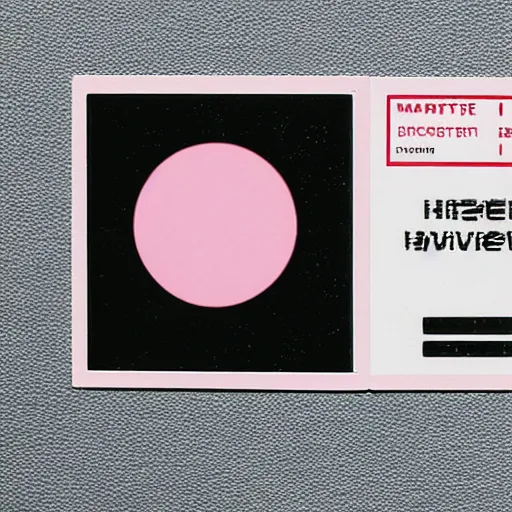 Image similar to a polaroid photo of tickets printed “ to the metaverse ” text, vector graphic design of pale pink airline tickets that read “ to the metaverse ” in bold text, alien ar code and e - ink display, highly detailed, no noise, coherent text english characters