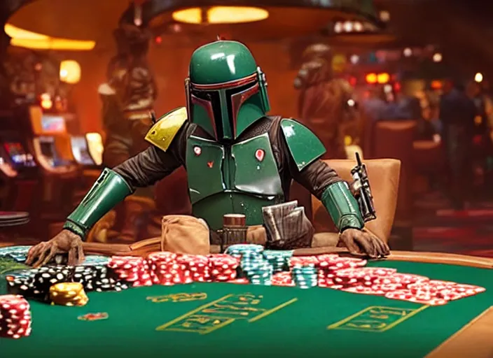 Prompt: film still of Boba Fett gambling in vegas in the new star wars film, 4k