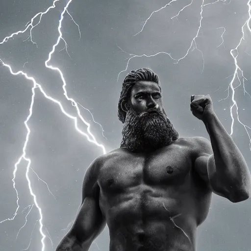 Image similar to zeus with his hand in the air calling down a lighting strike, 8k super detailed, highly detailed, ultra hd, professional digital art, artistic, cinematic,